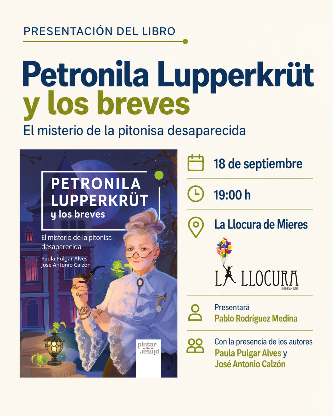 Cartel de la presentación de Petronila Lupperkrüt y los breves en La Llocura de Mieres